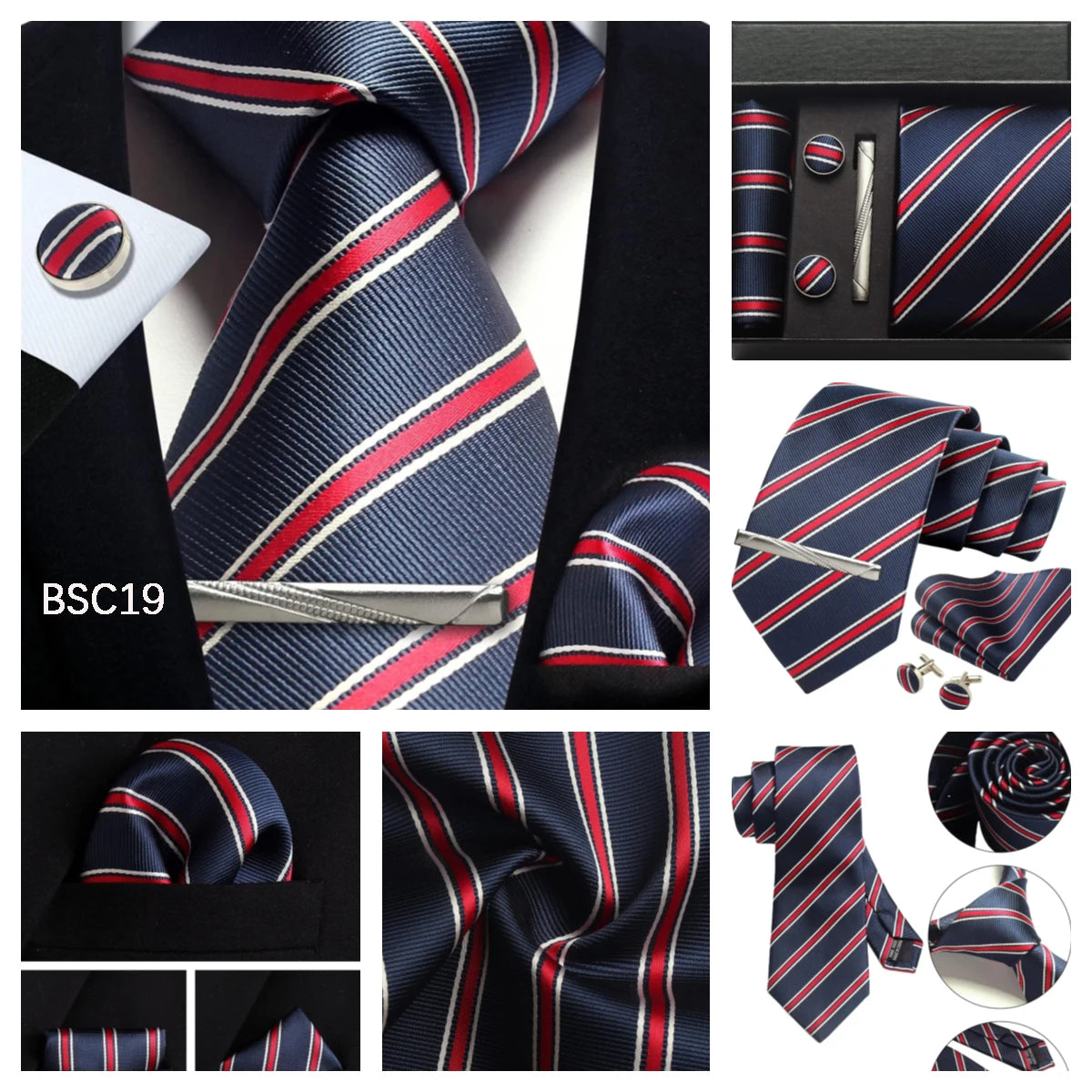 Classic 100% Silk Men's Ties In Gift box 8cm Plaid Dot Striped Business Necktie Handkerchief Cufflinks Wedding Party Tie Set