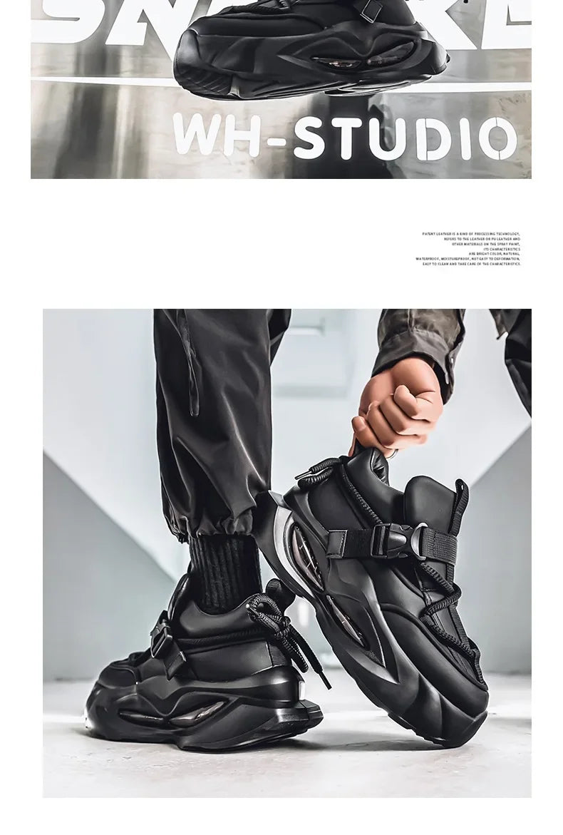 Waterproof Thick Bottom Dad Shoes Outdoor Sports Black Leather Surface Pure Color Spring Autumn Seasonal Style Casual Sneakers