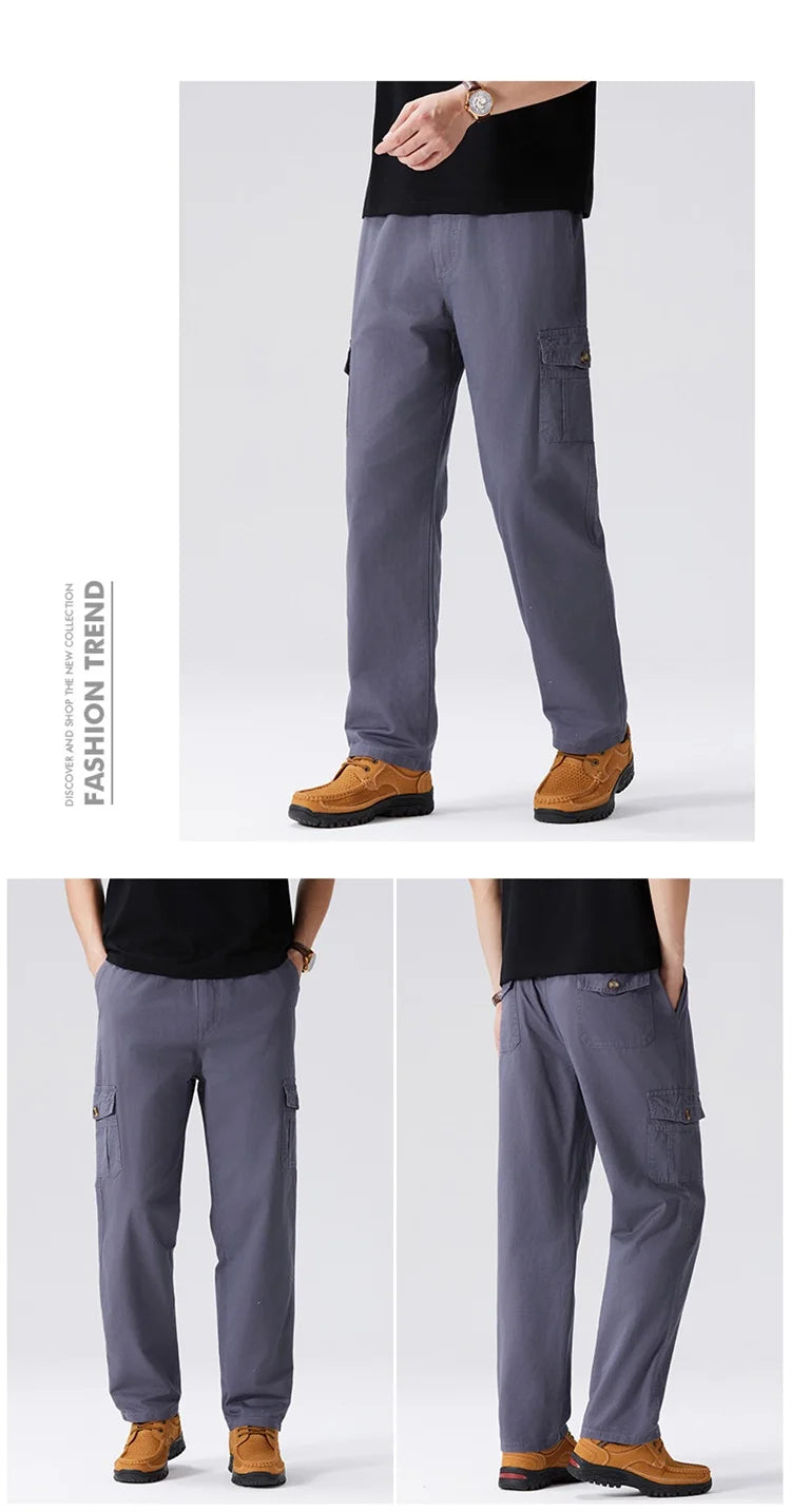 100% Cotton Men's Cargo Pants Straight Fit Loose Work Trouser Male Spring Summer High Waist Big Size Large Plus Elastic Pocket - Clikcy
