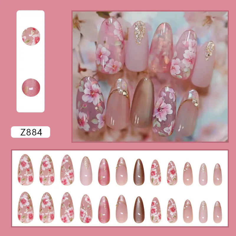 24Pcs Peach Blossom Press on Nails Cat's Eye Nude Glitter False Nail for Women&Girl Spring and Summer Detachable Wearable Nail - Clikcy