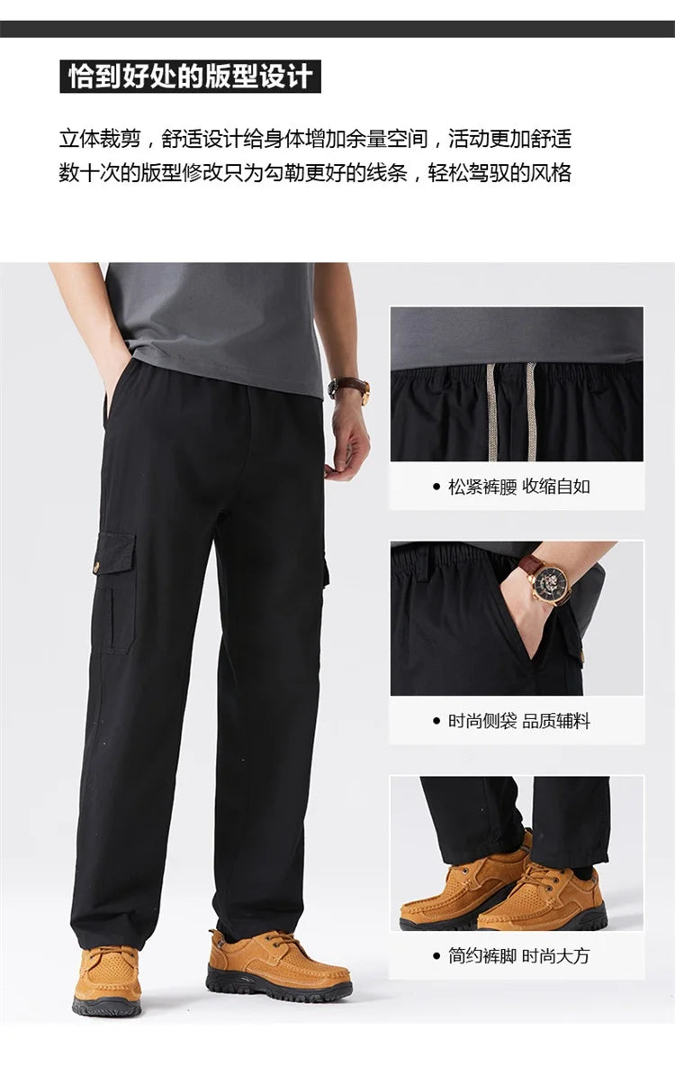 100% Cotton Men's Cargo Pants Straight Fit Loose Work Trouser Male Spring Summer High Waist Big Size Large Plus Elastic Pocket - Clikcy