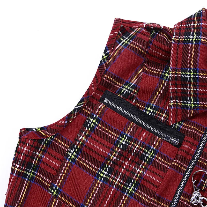 Plaid Punk Streetwear Zipper Chain Plaid Female Goth Retro Hi Hop Camis Top Gothic Chic Sexy Crop Tops Women T-shirt - Clikcy