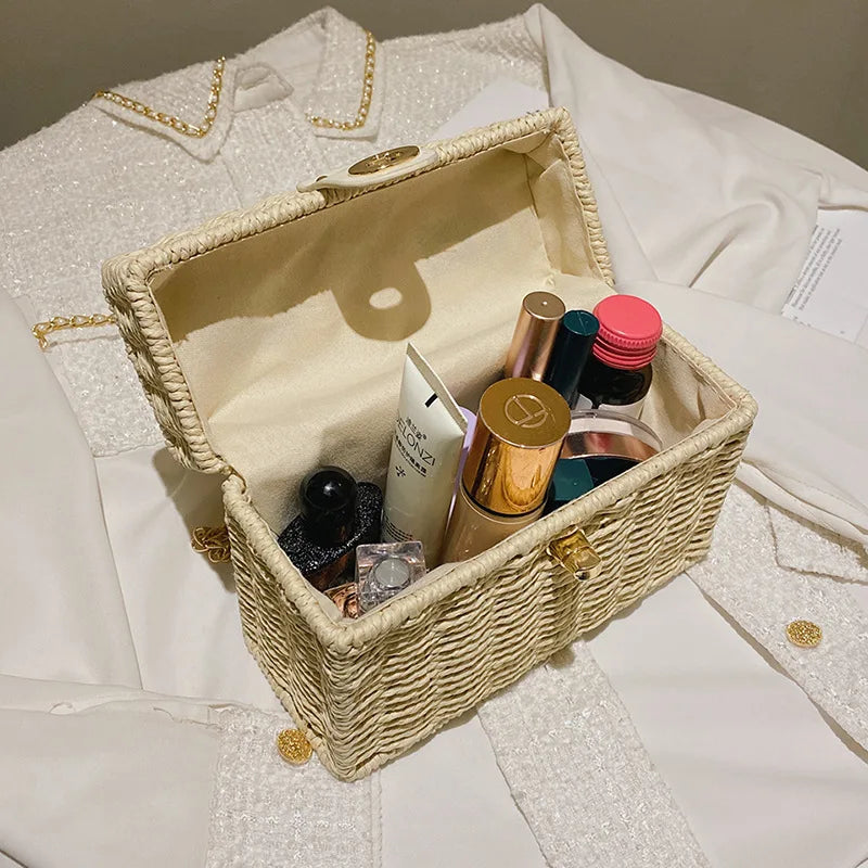 Summer Box Small Purse and Handbags For Women Rattan Straw Woven Crossbody Shoulder Bags Female Fashion Chain Travel Beach Bags - Clikcy