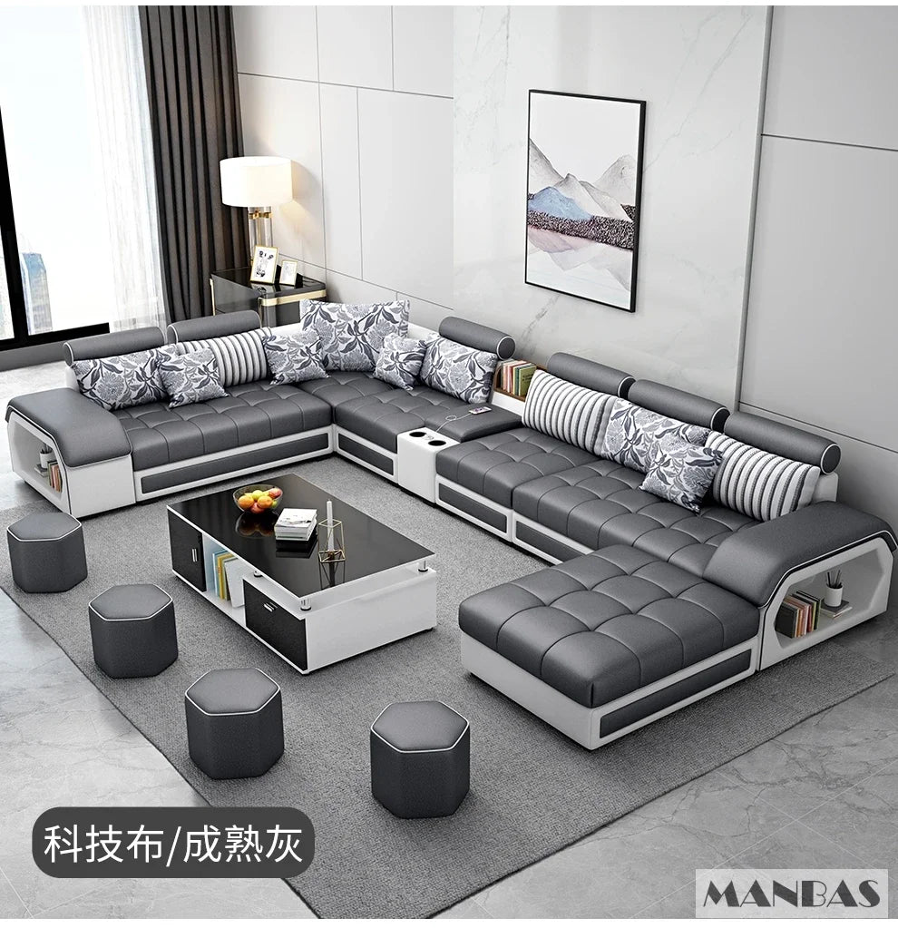 Linlamim Fabric Sofa Set Furniture Living Room Sofa Set with USB and Stools / Big U Shape Cloth Couch Sofas for Home Furniture - Clikcy