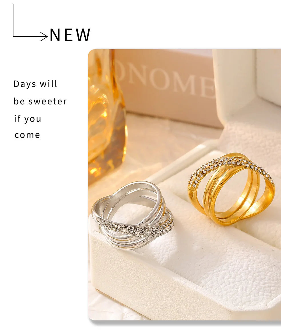 Chic Stainless Steel Rings for Women Inlaid CZ Women Rings Wedding Banquet Charm Rings Waterproof Gold Plated Jewelry - Clikcy