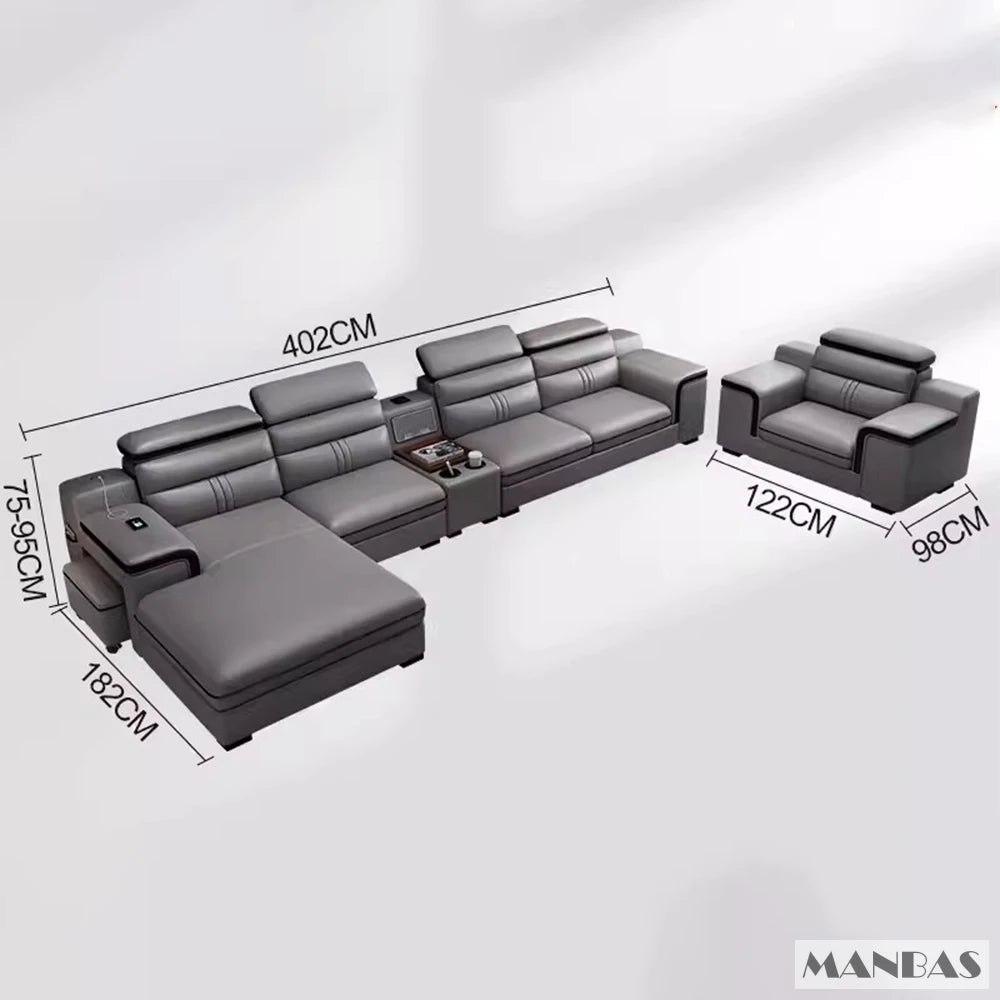 MINGDIBAO Leather Sectional Sofa Set with Cup Holder, USB, Adjustable Headrests & Bluetooth Speaker Living Room Couch with Stool