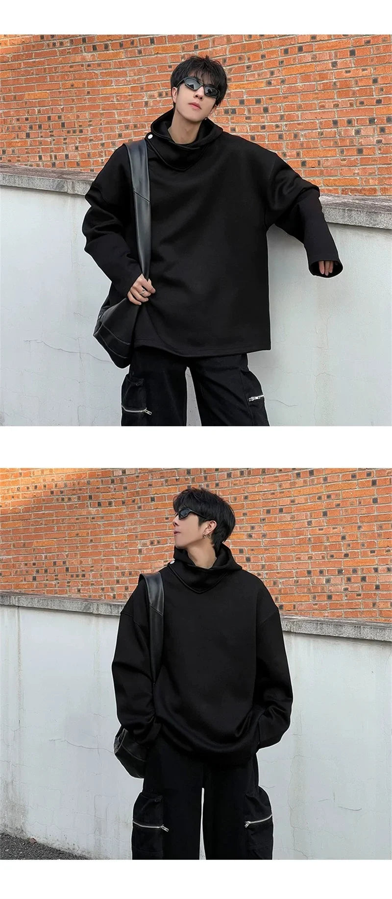 Autumn Y2K Vintage Turtleneck Design Hooded Sweatshirts Men's Solid Color Pullover Hoodies New High Street Fashion Tracksuit - Clikcy
