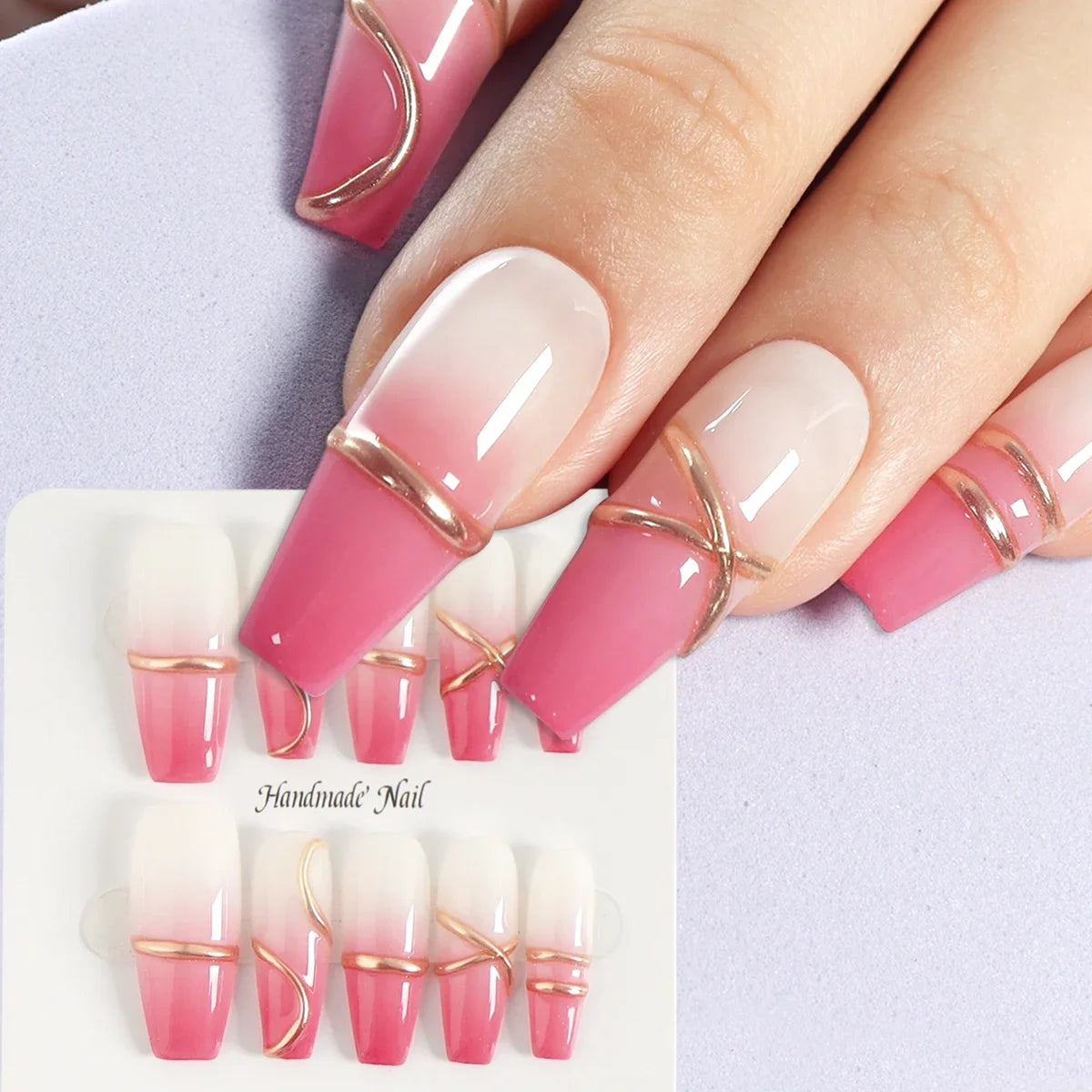 10pcs Handmade Long Press on Nails  Pink Gradient Glossy Blush 3D Silver Cord Art Design Jelly Glue&Nail File,Reusable Fake Nail - Clikcy