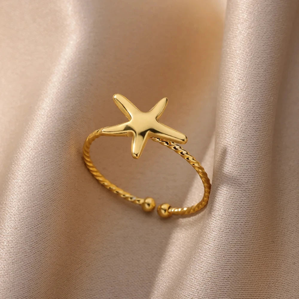 Ocean Starfish Shell Open Rings For Women Gold Color Stainless Steel Ring Summer Beach Aesthetic Waterproof Jewelry Gift - Clikcy