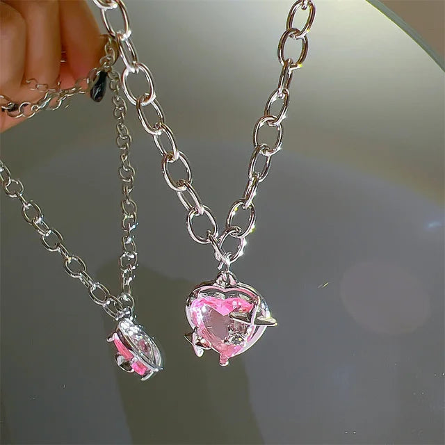 Y2K Pink Planet Heart Zircon Pendant Necklaces Women Fashion Aesthetic Clavicle Chain Necklace Valentines Day Gift Party Jewelry - Clikcy