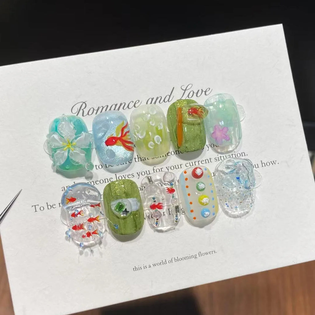 10pcs Handmade Short Press on Nails Ice Goldfish Fake Nail Tips with 3d Carved Flower Design Fresh Green Ins Summer False Nails - Clikcy