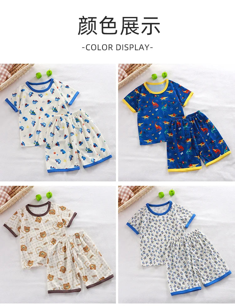 2024 New Boys Girls Summer Thin Clothing Sets Kids Cute Cartoon Print Short Sleeve T-Shirt Tops with Shorts Toddler Baby Pajamas - Clikcy