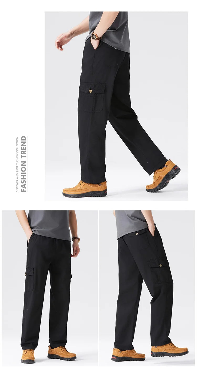 100% Cotton Men's Cargo Pants Straight Fit Loose Work Trouser Male Spring Summer High Waist Big Size Large Plus Elastic Pocket - Clikcy