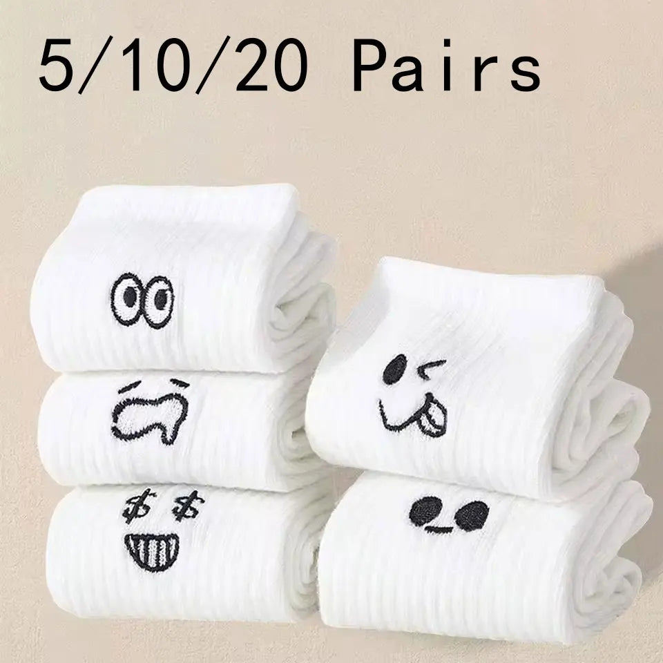 5/10/20 Pairs Men White Cartoon Socks Trendy Versatile Expression Socks With Simple Soft Breathable Comfortable Casual Socks - Clikcy