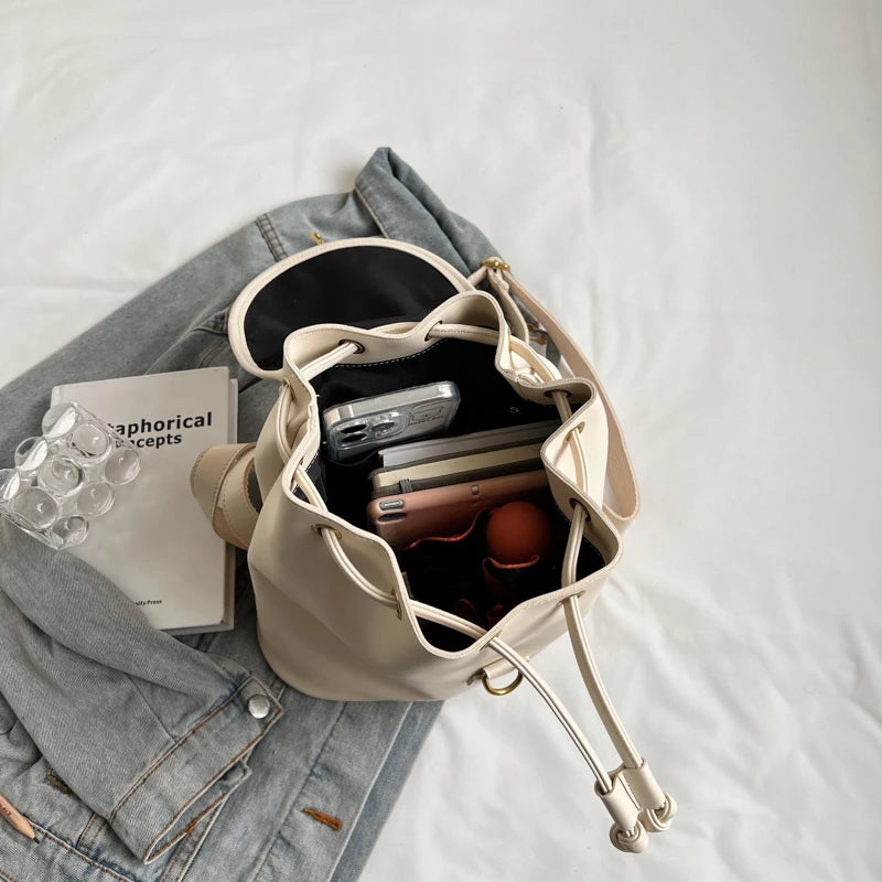 Genuine PU Leather Backpack Female Large Capacity Casual School Bag Solid Drawstring Travel Shoulder Bag Korean Fashion Backpack - Clikcy