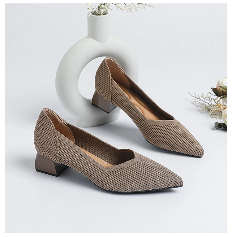 Women's large high-heeled shoes Multicolor pointy knit breathable comfortable anti-skid rubber sole work shoes 2023 new autumn