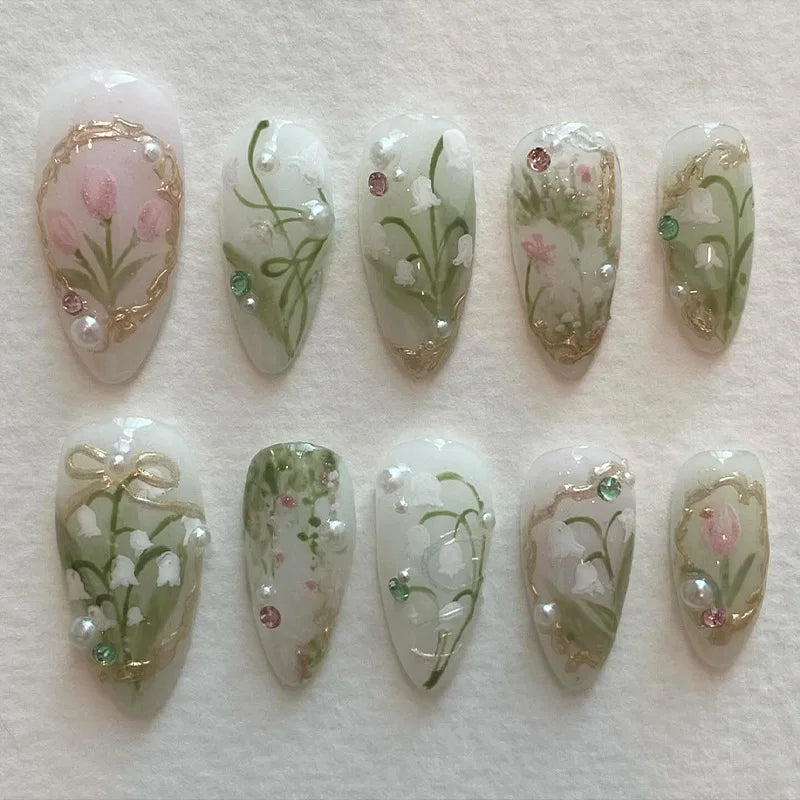 24Pcs Peach Blossom Press on Nails Cat's Eye Nude Glitter False Nail for Women&Girl Spring and Summer Detachable Wearable Nail - Clikcy
