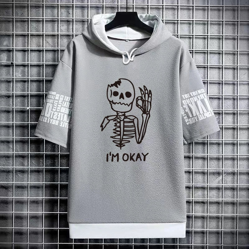 2024 Summer Men Clothing Men's Sweatshirts Korean Fashion Harajuku Short Sleeve Hoodies Men Streetwear Print Skulls Hoodies Men - Clikcy