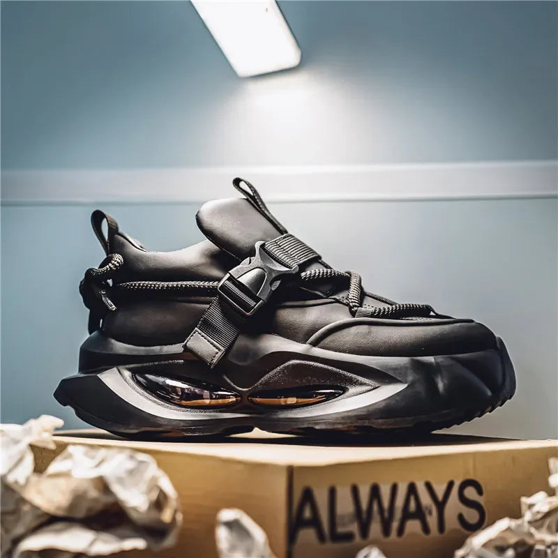 Waterproof Thick Bottom Dad Shoes Outdoor Sports Black Leather Surface Pure Color Spring Autumn Seasonal Style Casual Sneakers