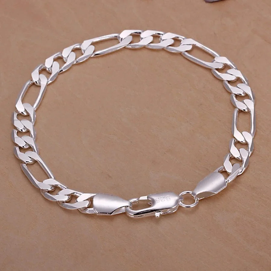 Fine 925 Sterling silver bracelets 6-8mm Women Men chain wedding fashion top quality Silver Jewelry Figaro 20cm - Clikcy