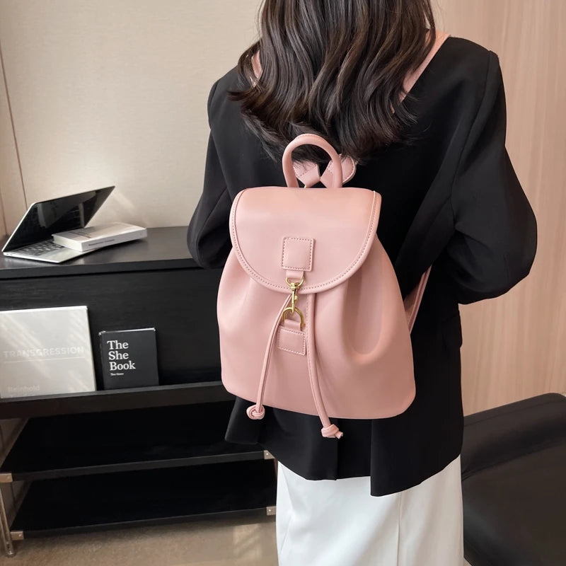 Genuine PU Leather Backpack Female Large Capacity Casual School Bag Solid Drawstring Travel Shoulder Bag Korean Fashion Backpack - Clikcy