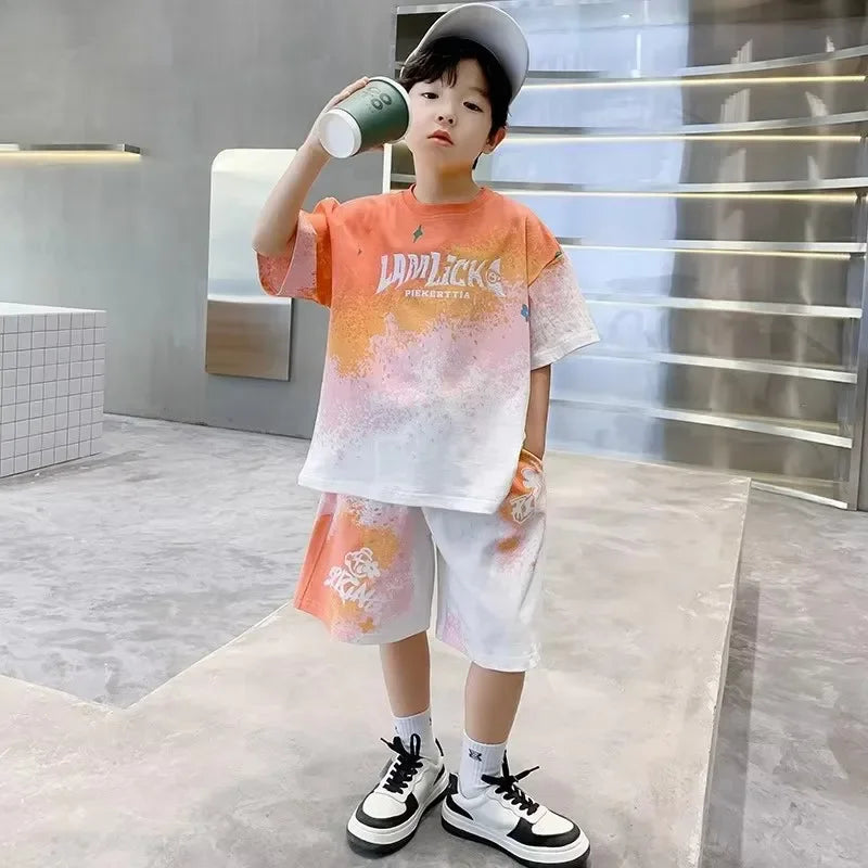 Boys Clothes Sets Teenager Summer Short-sleeved Suit New children's Gradient T-shirt+shorts 2Pcs Outfits Kids Casual Sports Set - Clikcy