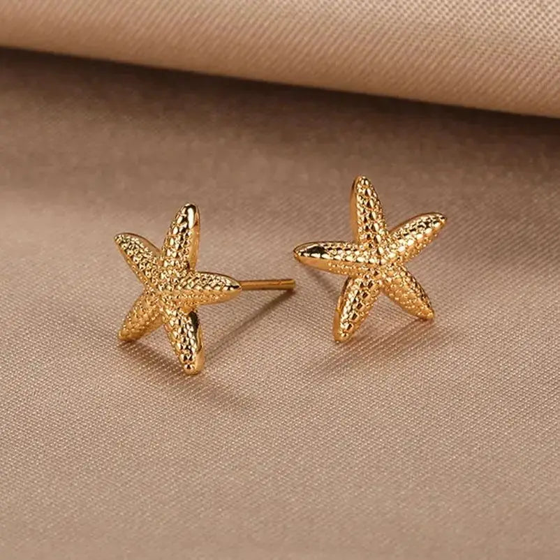 Stainless Steel Starfish Shell Stud Earrings for Women Minimalist Gold Color Aesthetic Wedding Earring Summer Beach Jewelry Gift - Clikcy