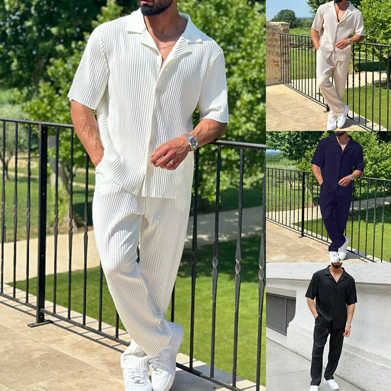 Summer Fashion Casual Loose Men's Button Open Shirt Short Sleeve Pants Set Home Vacation Thin Breathable Quick Drying 2-pie Set - Clikcy