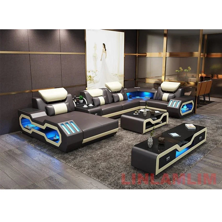 Modern LED Lighted Sofa Set with Recliner, Adjustable Headrest & Console | Luxury Leather Sectional Couch | Futuristic Furniture - Clikcy
