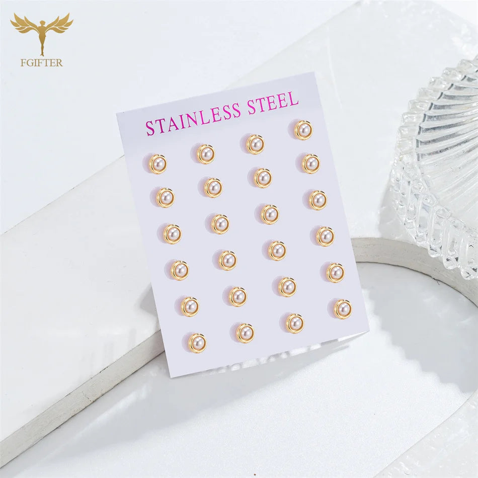 12 Pair Round Pearl Earrings for Women Girl Simple Ear Piercing Jewelry Golden Stainless Steel Stud Earrings Set Fashion Jewelry - Clikcy