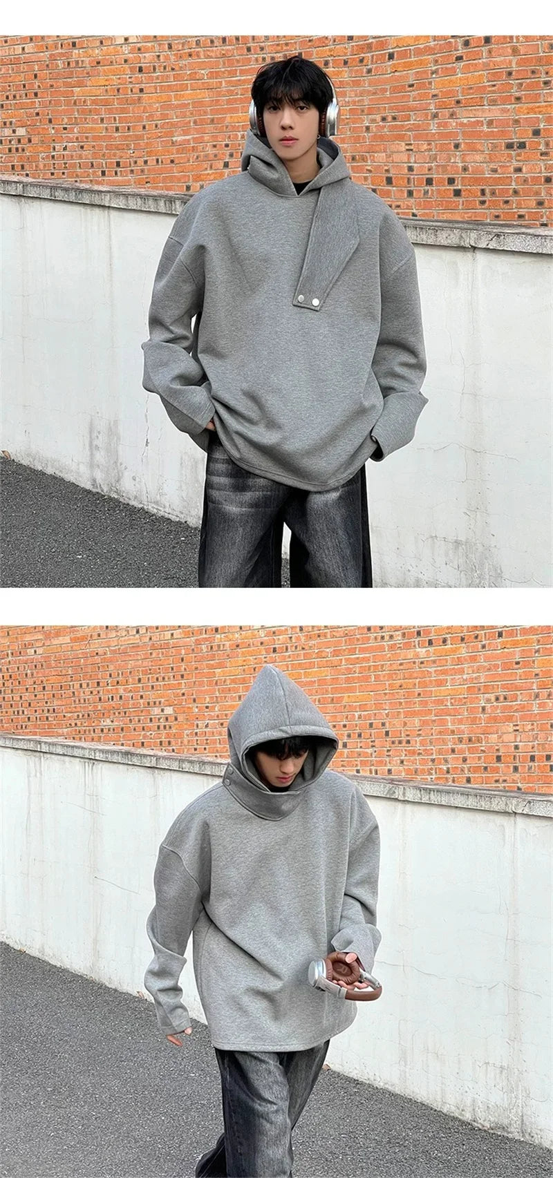 Autumn Y2K Vintage Turtleneck Design Hooded Sweatshirts Men's Solid Color Pullover Hoodies New High Street Fashion Tracksuit - Clikcy