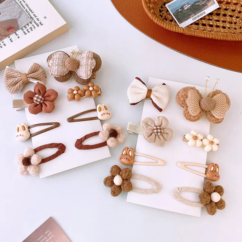 8pcs/set Sweet Girl Hair Clip Cartoon Bear Floral Bowknot Hair Pin for Toddler Girls Lovely Beige Coffee Color Kid baby Headwear - Clikcy