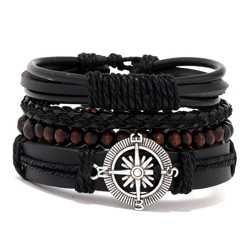 4Pcs/ Set Braided Wrap Leather Bracelets for Men Vintage Life Tree Rudder Charm Wood Beads Ethnic Tribal Wristband Rope Bracelet - Clikcy