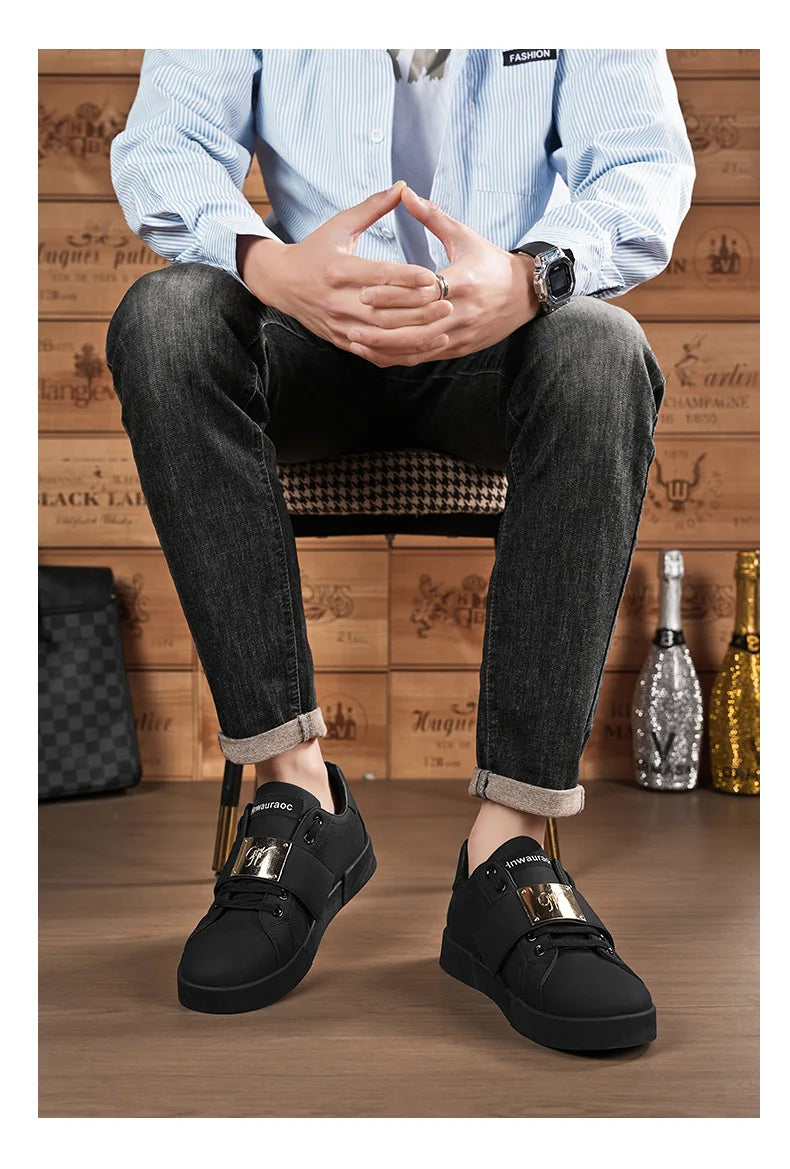 HKDQ Classic Black Sneakers For Men Fashion Design Leather Casual Sneakers Man Street Style Comfortable Men's Skateboard Shoes