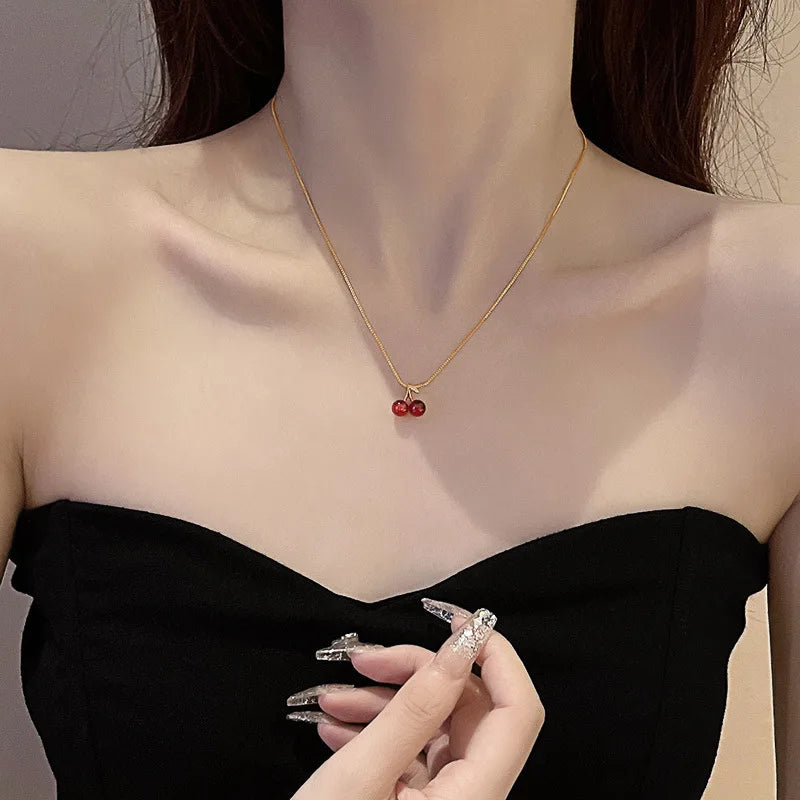 Wine Red Cherry Gold Colour Pendant Necklace Earrings set For Women Personality Fashion Necklace Wedding Jewelry Birthday Gifts - Clikcy