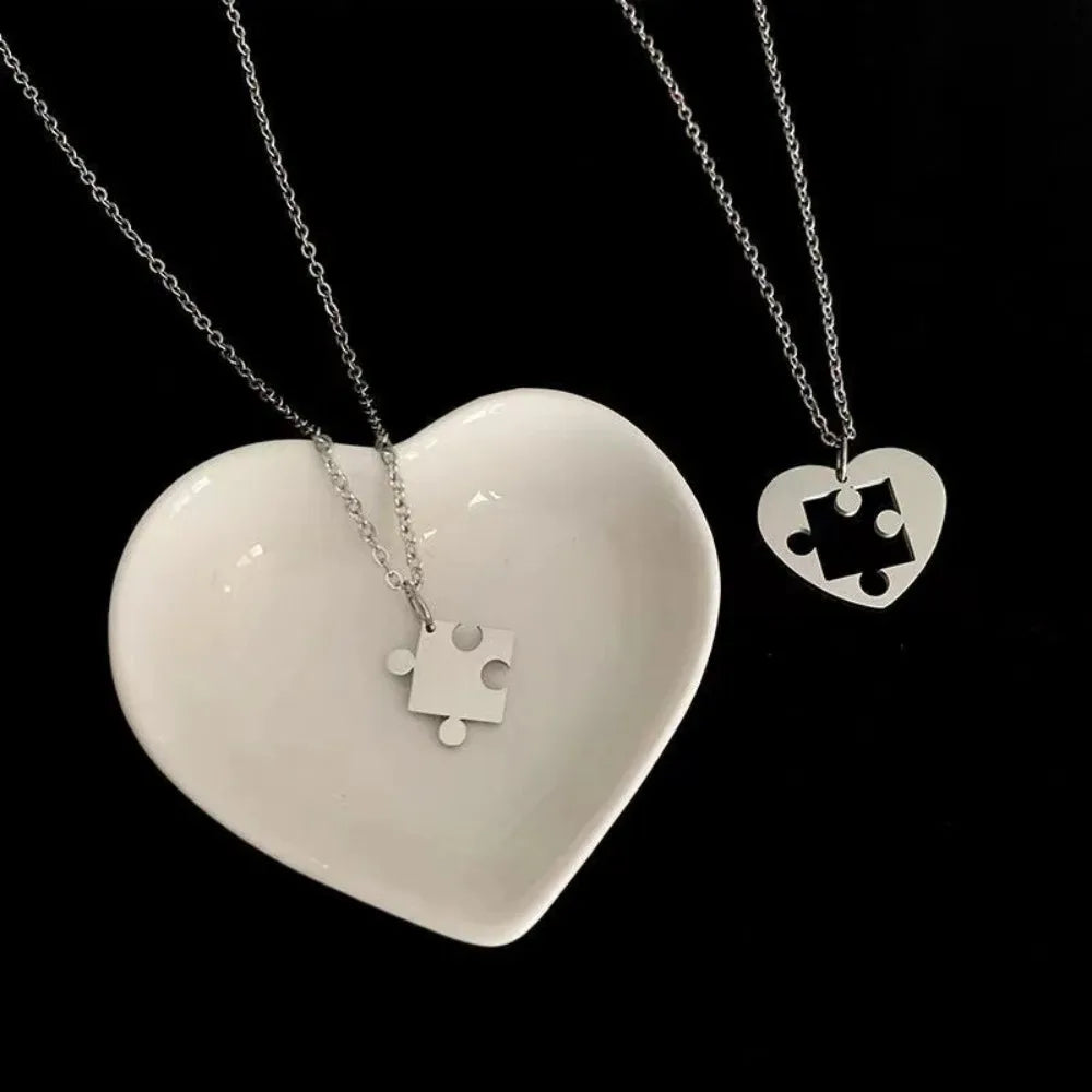2Pcs/Set Simple Puzzle Heart Matching Pendant Couple Matching Necklace Couple Good Friends Ladies Men Hip Hop Sweater Chain - Clikcy