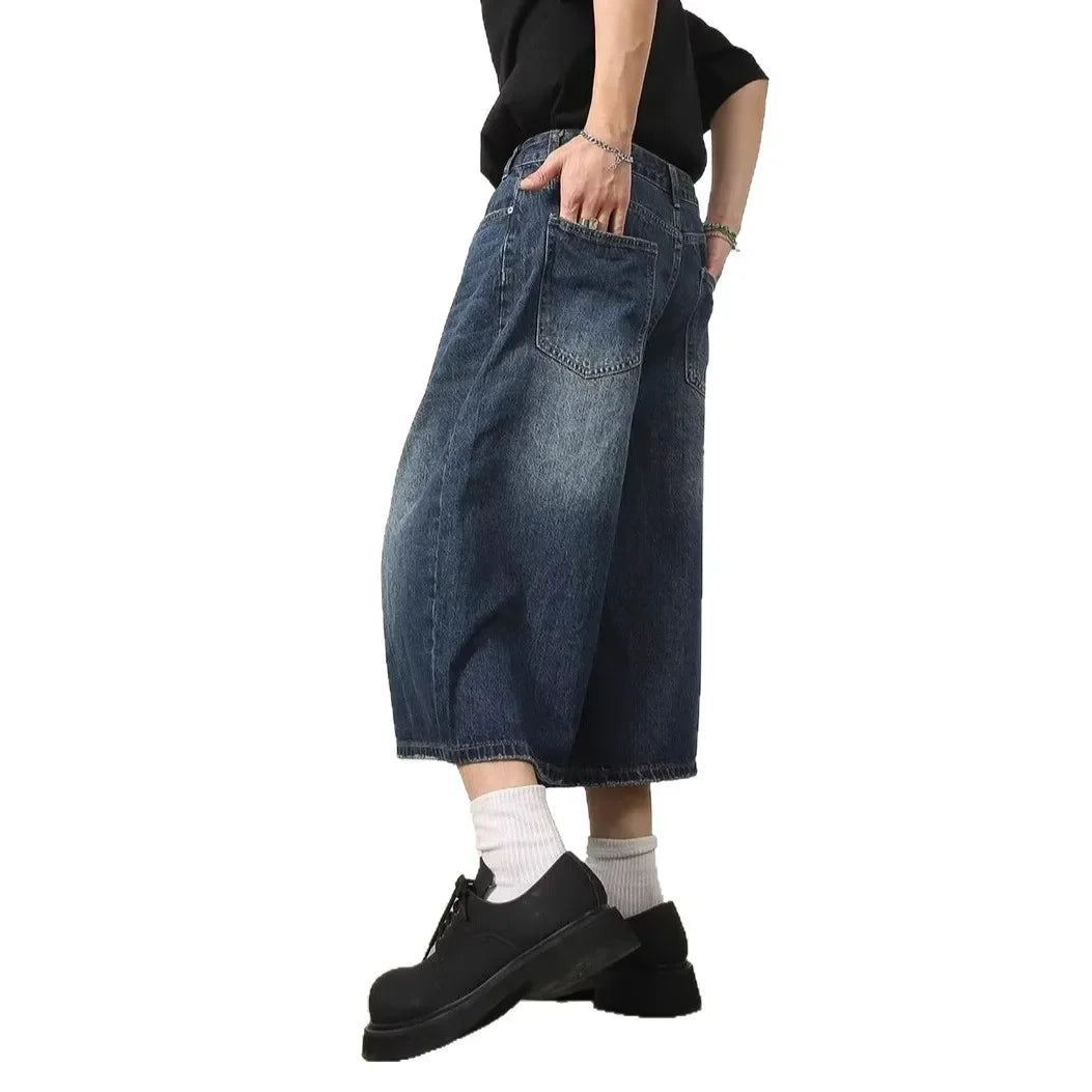 Summer Men's Casual Vintage American Blue Jeans Short Pants Loose Straight Wide Leg Seven Parts Draping Feeling - Clikcy