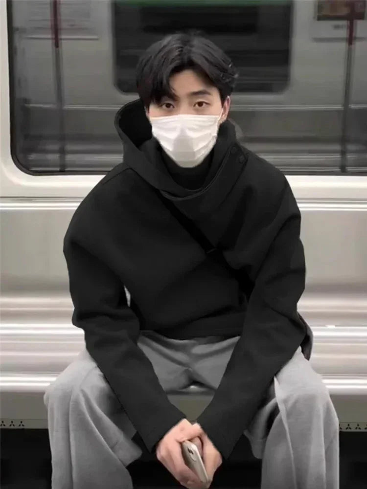 Autumn Y2K Vintage Turtleneck Design Hooded Sweatshirts Men's Solid Color Pullover Hoodies New High Street Fashion Tracksuit - Clikcy