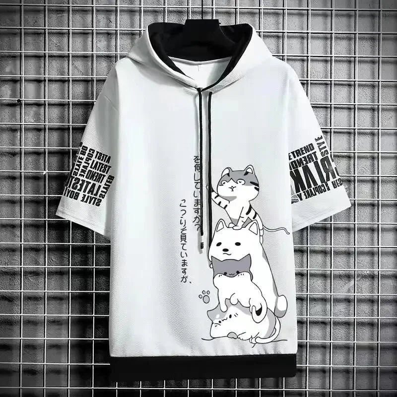 Summer T shirt Men's Hoodies Men Clothing Casual Harajuku Streetwear Print Hooded Top Short Sleeve Sweatshirts Men - Clikcy