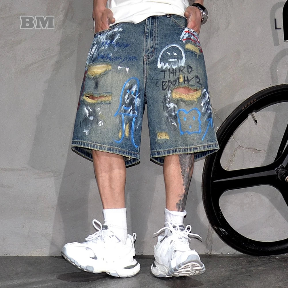 Mens Summer Ripped Distressed Denim Shorts 5 Inch Korean Style Streetwear Hip Hop Graffiti Skate Trendy Mid Blue jorts Male - Clikcy