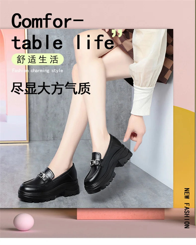 Platform Loafers New Women's Shoes Soft Leather Thick Heels British Small Round Toe Metal Decoration White Leather Shoes - Clikcy