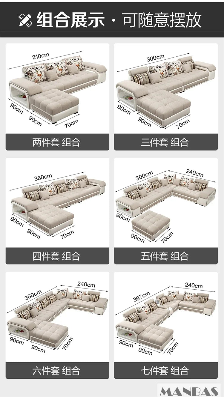 Linlamim Fabric Sofa Set Furniture Living Room Sofa Set with USB and Stools / Big U Shape Cloth Couch Sofas for Home Furniture