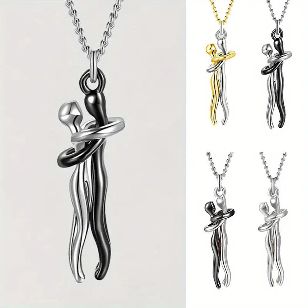 Chic Black Hug Pendant Necklace for Couples - Elegant Love Symbol,Perfect for Party & Daily Wear - Clikcy