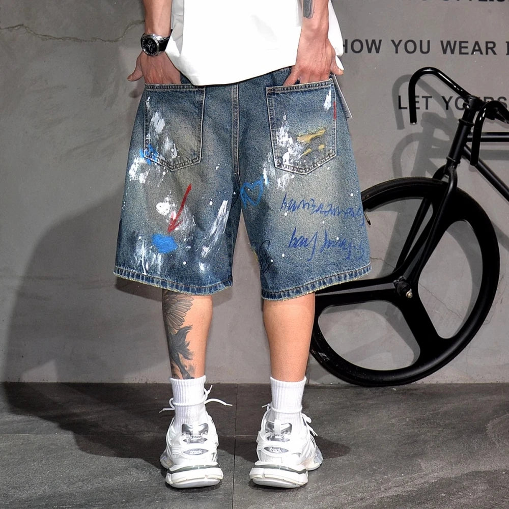 Mens Summer Ripped Distressed Denim Shorts 5 Inch Korean Style Streetwear Hip Hop Graffiti Skate Trendy Mid Blue jorts Male - Clikcy