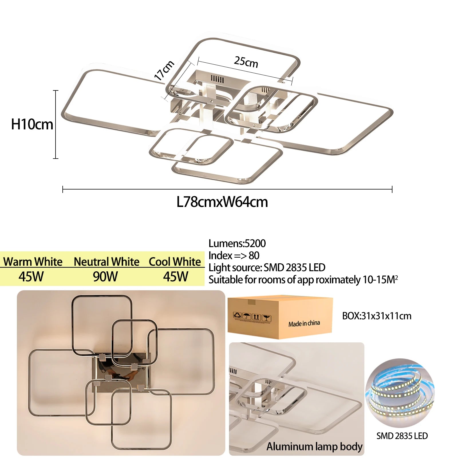 Modern LED Ceiling Light with Remote Control, Dimmable Chandelier for Living Room Bedroom, Flush Mount Lighting Fixture Indoor - Clikcy