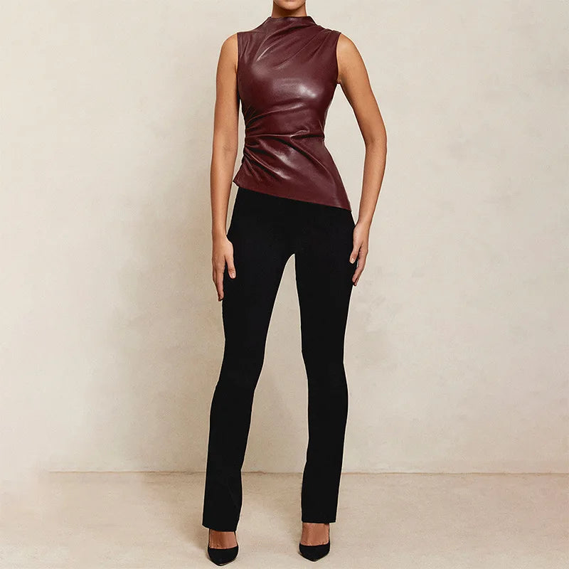 Women Y2K Vintage Pu Simple Basic Tank Top High Waist Skinny Shrunk Slash Cut Sleeveless Tops Versatile Noble Shirts - Clikcy