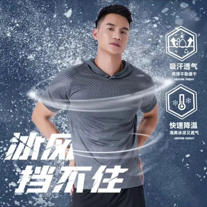 Youthful Vitality Summer Sweatshirts Thin Men's Printing Hooded Quick Drying Breathable Casual Motion Loose Short Sleeve Tops - Clikcy