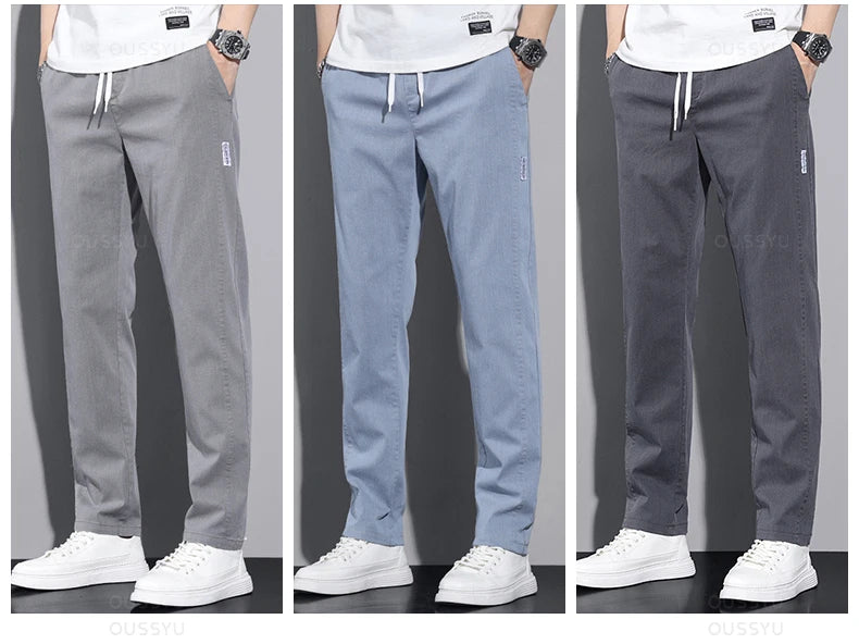 New Spring Summer Cotton Men's Casual Pants Classic Drawstring Elastic Waist Thin Stretch Blue Jogging Work Cargo Trousers Male - Clikcy