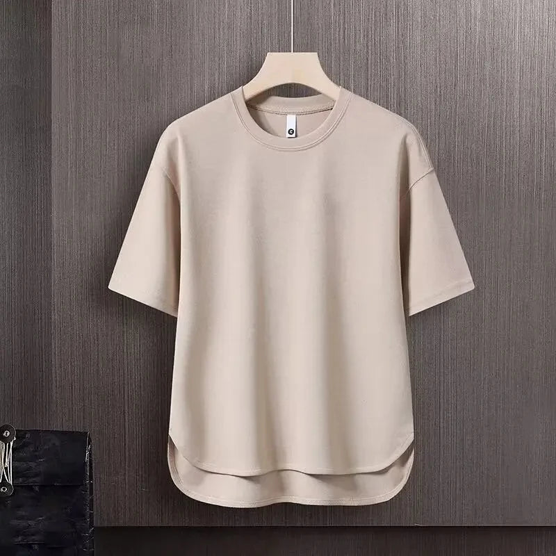 Men's Two-piece Breathable T-shirt Suit Round Hem Short-sleeved Trousers Loose Suit Monochrome Summer Trend - Clikcy