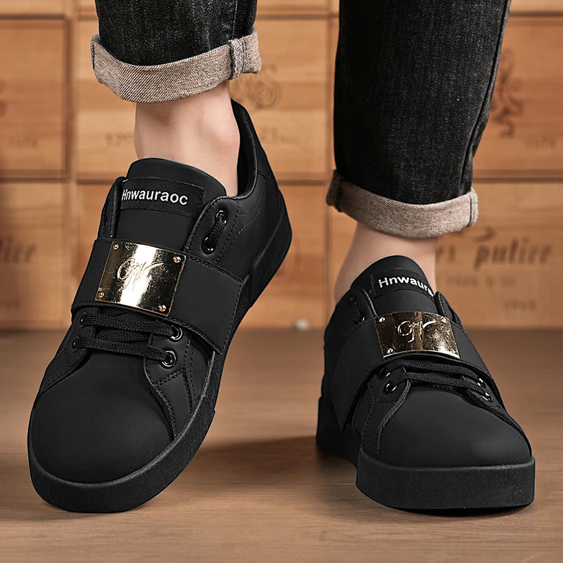 HKDQ Classic Black Sneakers For Men Fashion Design Leather Casual Sneakers Man Street Style Comfortable Men's Skateboard Shoes